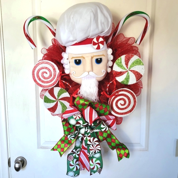 Christmas Santa Chef Wreath Deco Mesh Candy Canes Baker - Picture 2 of 9